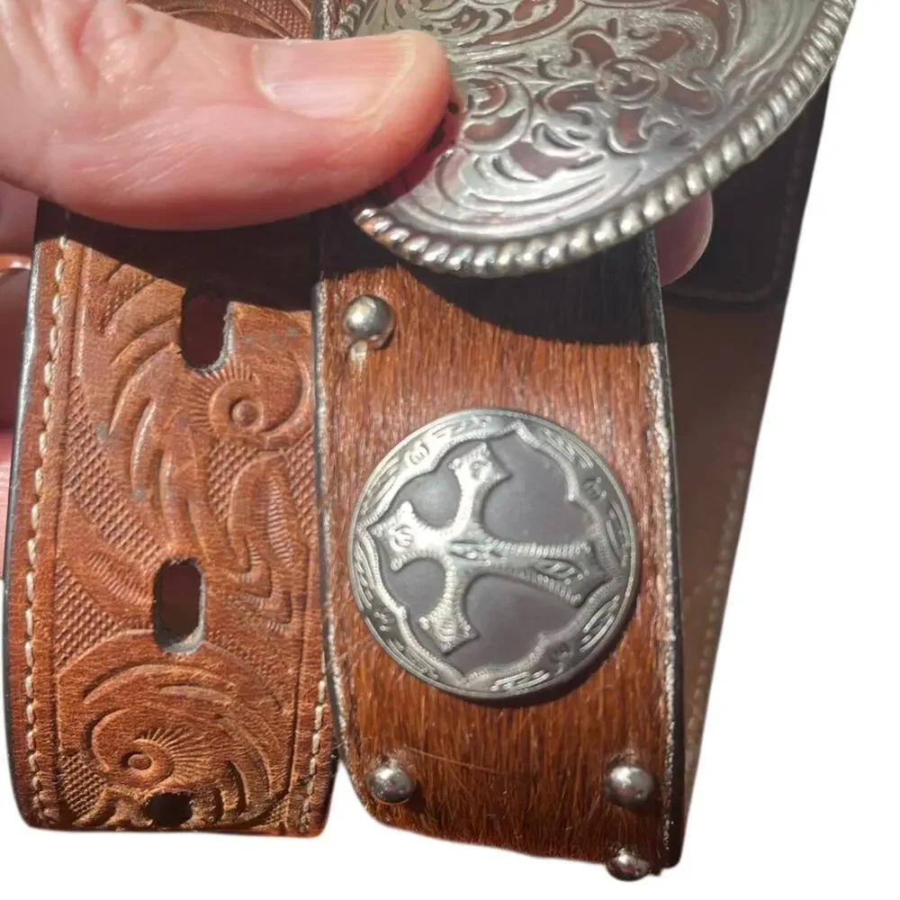 3D Kids Tooled Leather Western Belt 20” Brown Conchos Engraved Buckle Cowboy